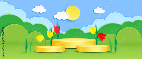 Round podium on paper cut garden background. Vector realistic illustration of cylinder form stages for product presentation, color craft tulips, green grass, sun in blue sky, gift card template