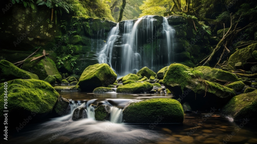 Fototapeta premium Pristine waterfall with moss covered rocks and greenery