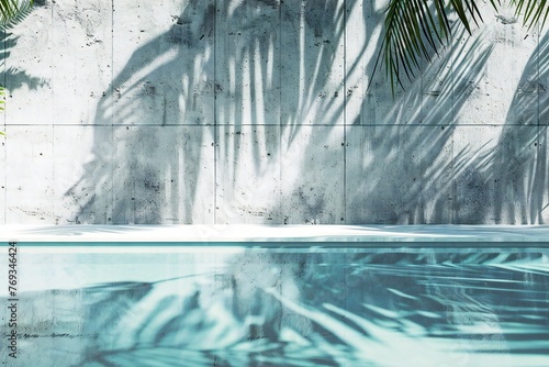 Tropical summer background with concrete wall, pool water and palm leaf shadow. Luxury hotel resort exterior for product placement. Outdoor vacation holiday house scene, architecture aesthetic.