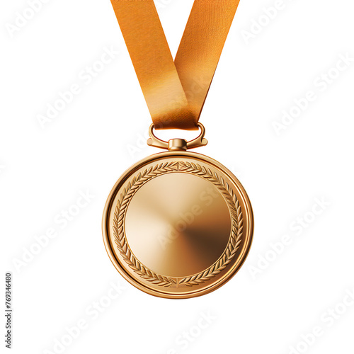 Gold medal with laurel wreath. 3d realistic trophy badge of circle design, greeting anniversary or jubilee medallion, achievement champion isolated on white and transparent background