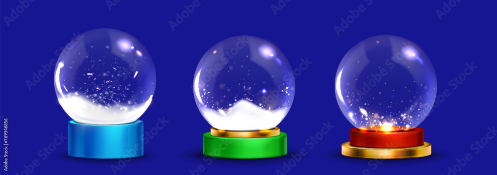 Crystal snow globe, glass winter magic ball vector. Isolated dome sphere on podium design. New Year bubble souvenir on gold stand with shadow. Minimal December symbol render for holiday season Crystal snow globe, glass winter magic ball vector. Isolated dome sphere on podium design. New Year bubble souvenir on gold stand with shadow. Minimal December symbol render for holiday season