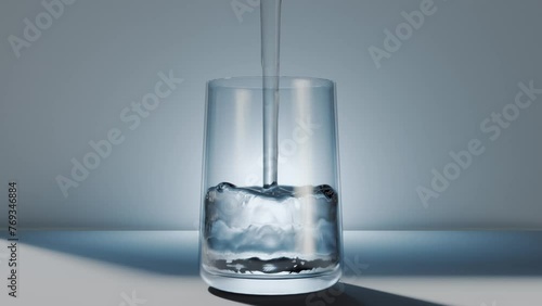 Water pouring into empty glass. 4K, 3d, White background.