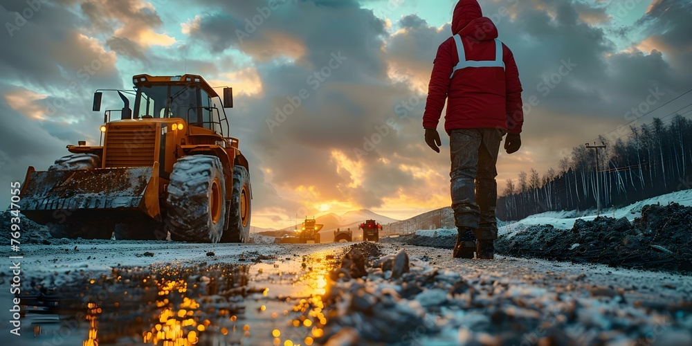 Civil engineer inspecting highway construction site near heavy machinery and concrete road. Concept Highway Construction, Civil Engineering, Heavy Machinery, Concrete Road, Inspection Site - obrazy, fototapety, plakaty 