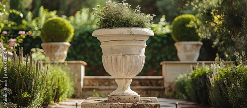 Antique white stone vase in an outdoor setting.