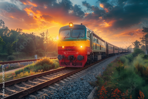 Passenger train drives to the next station at sunset