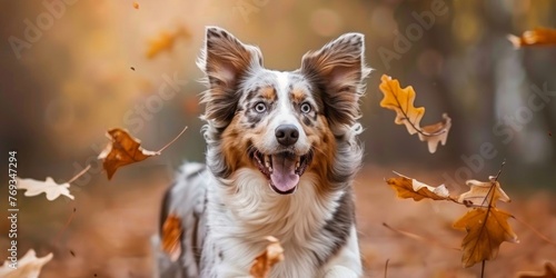 A dog joyfully stands amidst a pile of autumn leaves © tashechka