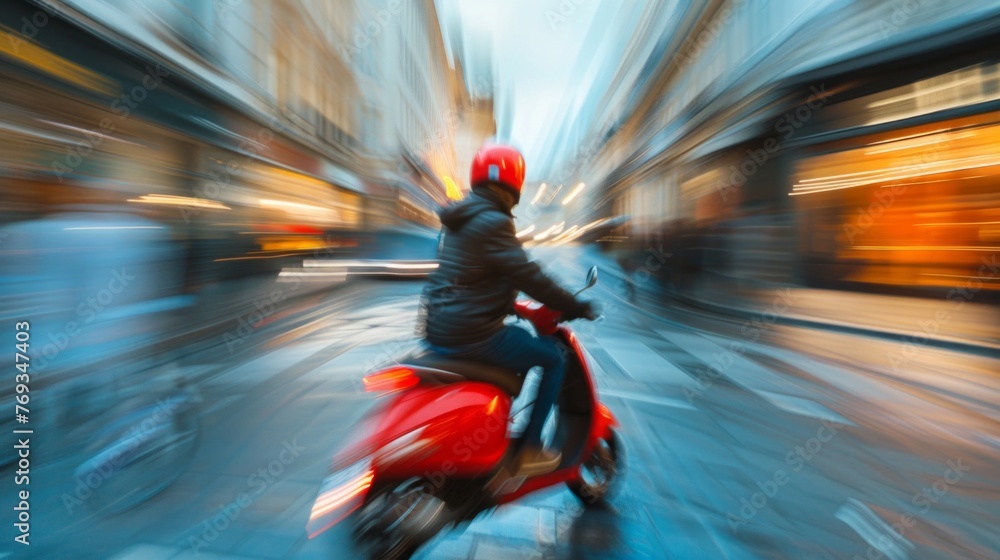 A man wearing a helmet rides a red scooter at high speed down a busy city street, with blurred buildings in the background