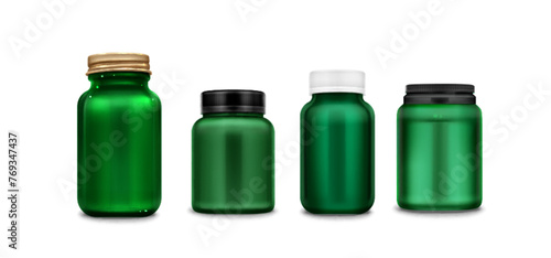 Green vitamin bottle, plastic pill jar package. 3d blank medicine or supplement container with cap. Isolated capsule box with lid set. Realistic health drug or protein large can on white background.