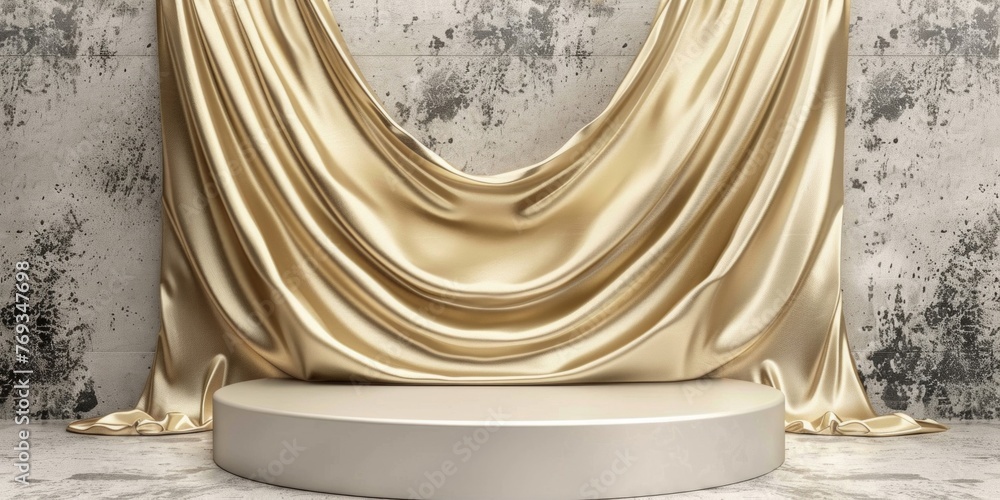 A luxurious gold curtain elegantly drapes over a pristine white pedestal set against a textured background A luxurious gold curtain elegantly drapes over a pristine white pedestal set against a textured background