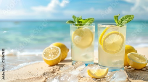 Glasses of Chilled Lemonade Providing Refreshing Respite on a Sunny Beach Day