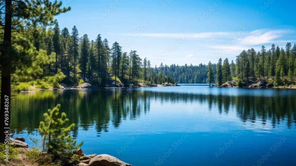 Serene lake and dense pine forest in nature