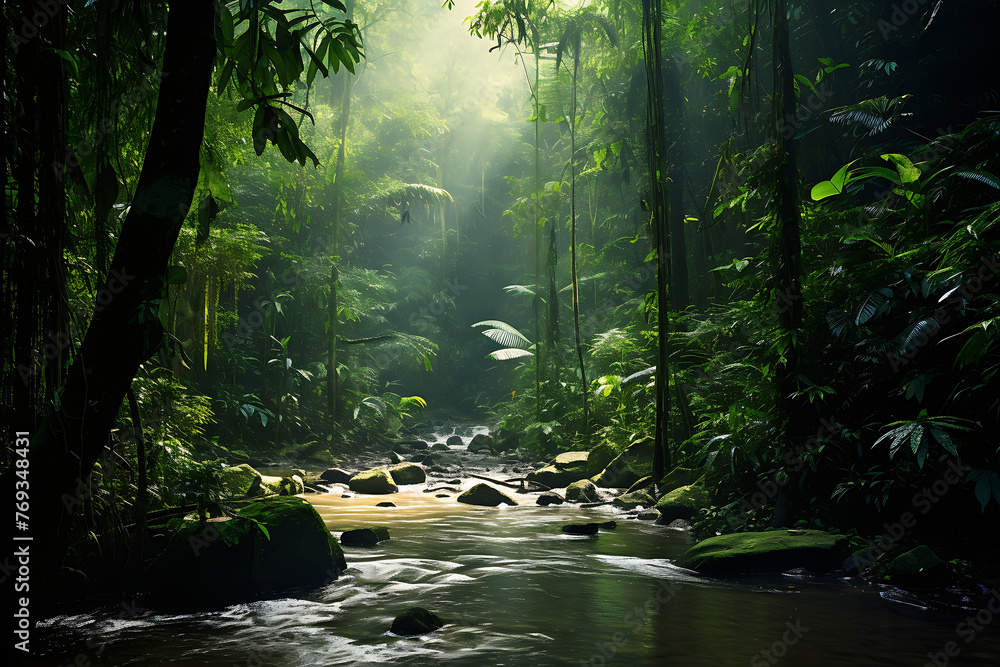 Obraz premium The sun's rays highlight the lush rainforest, highlighting the calm river flowing with moss-covered rocks