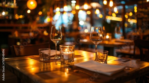 A wooden table set with multiple glasses of wine and neatly folded napkins, creating an inviting restaurant ambiance photo