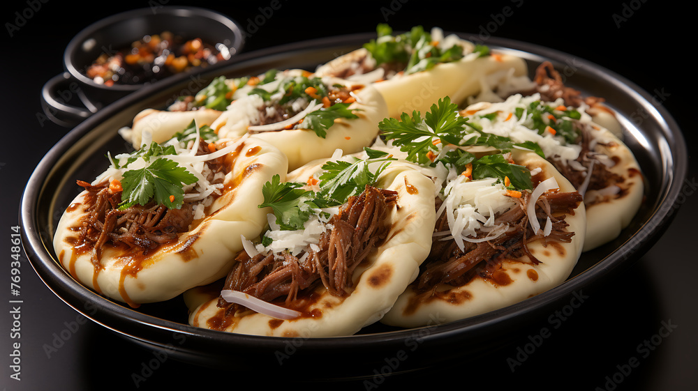 potato dumplings with meat and vegetables on a black background