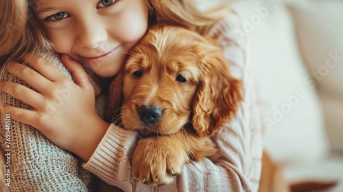 A young girl is lovingly holding a puppy in her arms