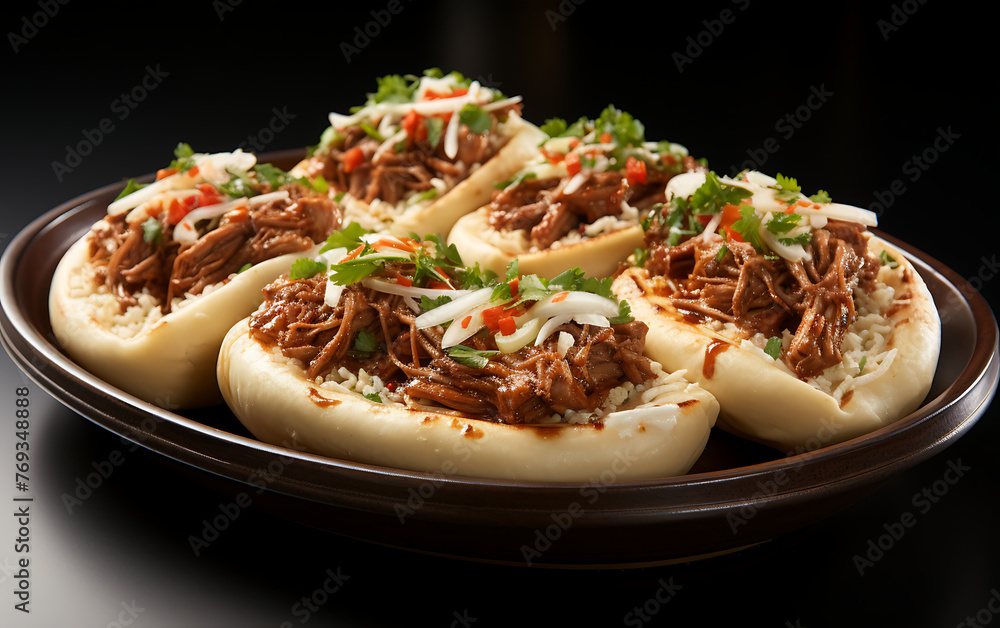 Fototapeta premium potato dumplings with meat and vegetables on a black background