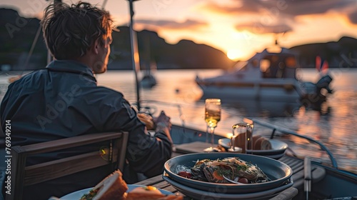 southern Norwegian summer, boat , summer sunset, dieing in background, eating sea food   photo