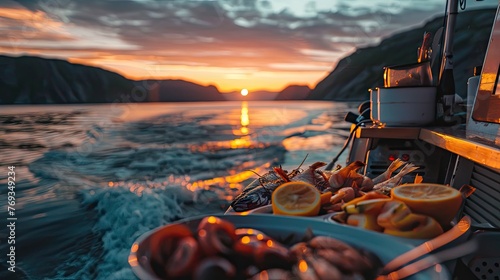 southern Norwegian summer, boat , summer sunset, dieing in background, eating sea food ​ photo