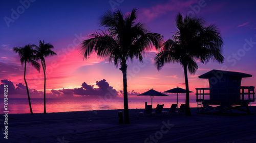 Twilight Paradise: Pink and Purple Sunset Casting a Dreamy Glow on Beach, Silhouetting Sun Beds and Umbrellas, Creating an Idyllic Oasis of Relaxation © AIRina