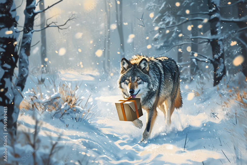 a wolf carrying a gift box in winter
