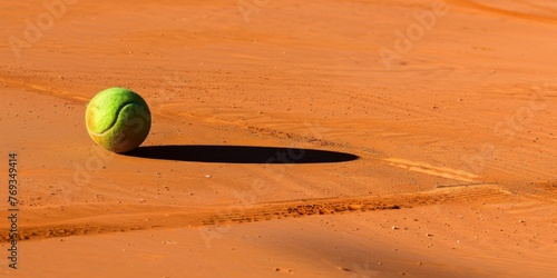 A tennis ball sits motionless on top of a clay tennis court, casting a shadow in the neutral light
