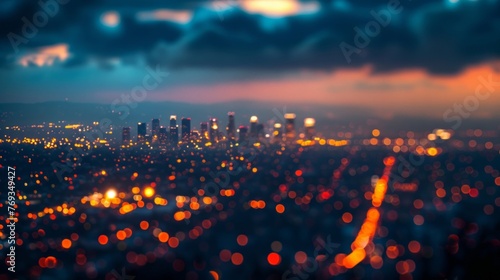 A blurred view of a city at night  with soft lighting and scattered city lights creating a mesmerizing visual effect