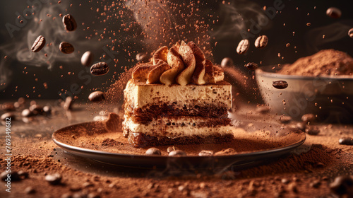 Lavish tiramisu with a dramatic cocoa powder explosion captures the essence of fine dessert artistry on a plate