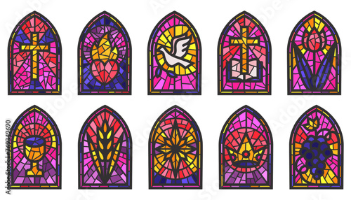 Church glass windows. Stained mosaic catholic frames with cross, book and religious symbols. Vector set isolated on white background