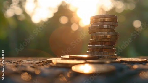 A stack of coins sitting on top of a table, with small trees in the background providing a contrast to the shiny coins