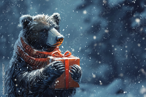 a bear carrying a gift box in winter