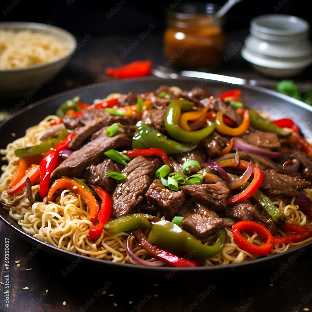Asian noodle with beef and vegetables on wooden table. Close up Asian noodle with beef and vegetables on wooden table. Close up
