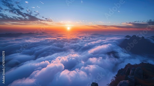 The sun rises from behind Mount Tai.The sea of clouds is like a fairyland 