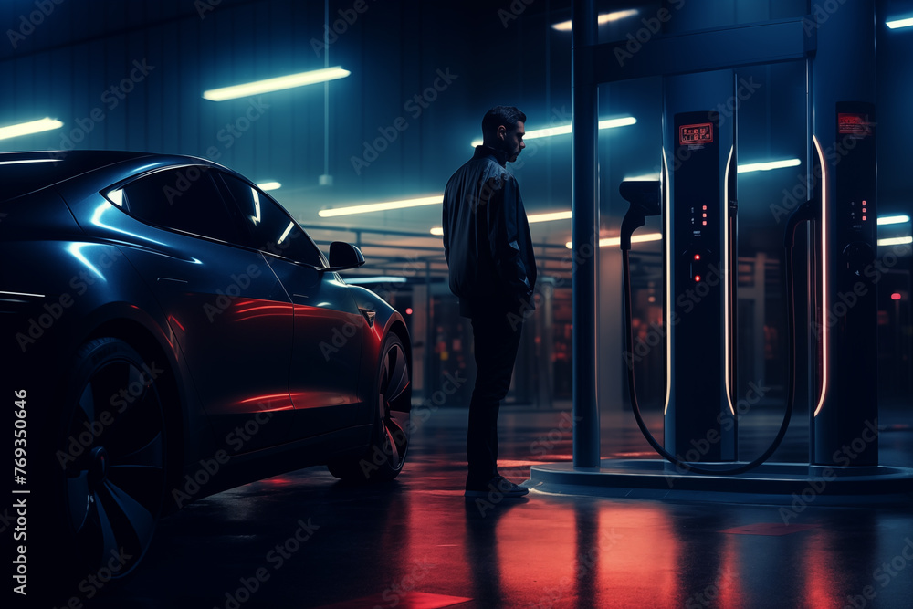 A person who charges at an electric car charging station A person who charges at an electric car charging station