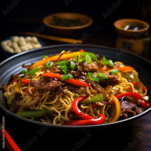 Asian noodle with beef and vegetables on wooden table. Close up