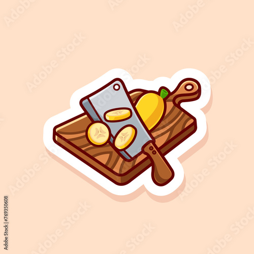 Cute illustration of bananas are cut on a wooden cutting board isolated