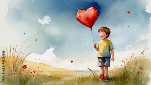 A boy flying a heart shaped balloon 