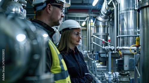 two technicians of a biomass energy plant performing maintenance. One is a woman, the other one is a man. They are both to the right side of the image ​ © chaynam