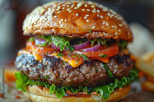 Close-up of a gourmet cheeseburger with sesame bun and fresh toppings