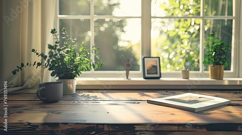 wall art print mockup on a wooden table top in front of a window, postminimalism, tilt shift, vray tracing  photo