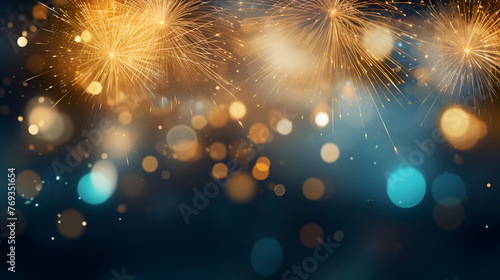 A blurry image of a gold and blue background, Bokeh background with light. Glitter and diamond dust, subtle tonal variations. AI generated