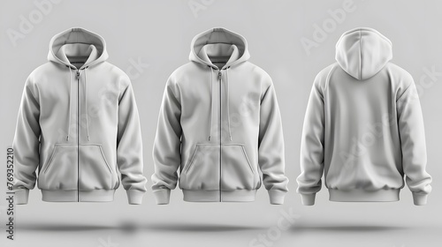 Blank hooded sweatshirt mockup with zipper in front, side and back views photo