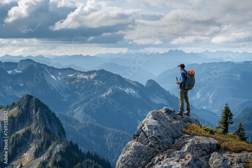 A man with a backpack stands at the peak of a mountain, taking in the panoramic view