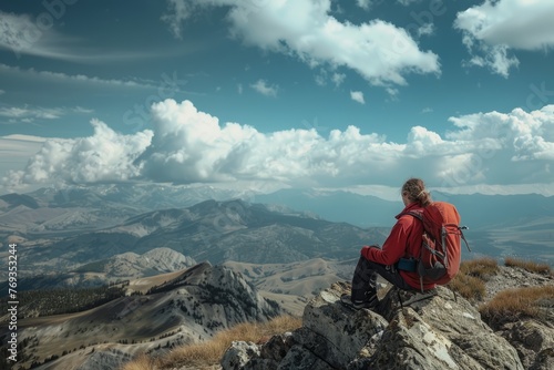 A man with a backpack sitting on top of a mountain, taking in the view
