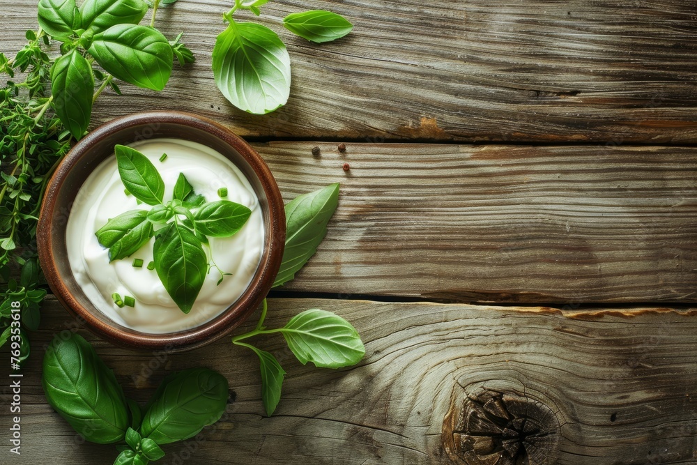 A bowl of yogurt filled with fresh herbs like mint and basil