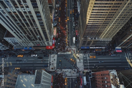 A parade procession moves through a bustling city street lined with iconic landmarks. The aerial view captures the vibrant activity below