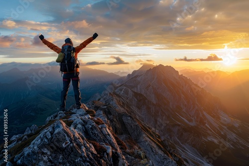 A hiker triumphantly stands on a mountain summit, arms raised in celebration of reaching the peak