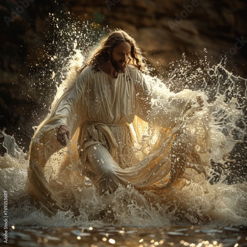 Jesus Christ, with arms outstretched, walks confidently on stormy waters, displaying divine power and grace.