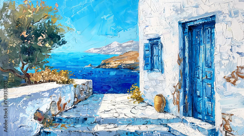 Oil painting of Greek white village  with tree . Summer landscape © bit24