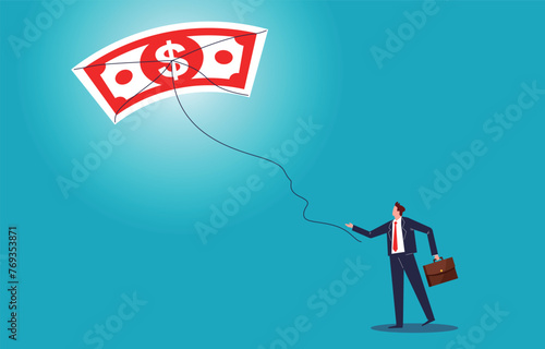 Financial Freedom, Money Freedom, Successful Business or Investment, Profit from Money Management, Wishes and Thoughts about Money, Businessman's Hand Letting Go of the String of the Banknote Kite