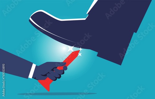 Confrontation and counterattack, competitors, resolving threats and competition, overcoming difficulties and problems, holding sharp screws in the hands at the feet of giants
